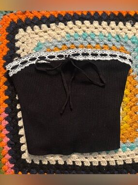 Edikted Black Off-the-Shoulder Knit Top with White Lace Trim